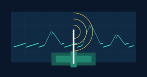 Abstract software-defined-radio spectrum display with circuit traces and radio waves.