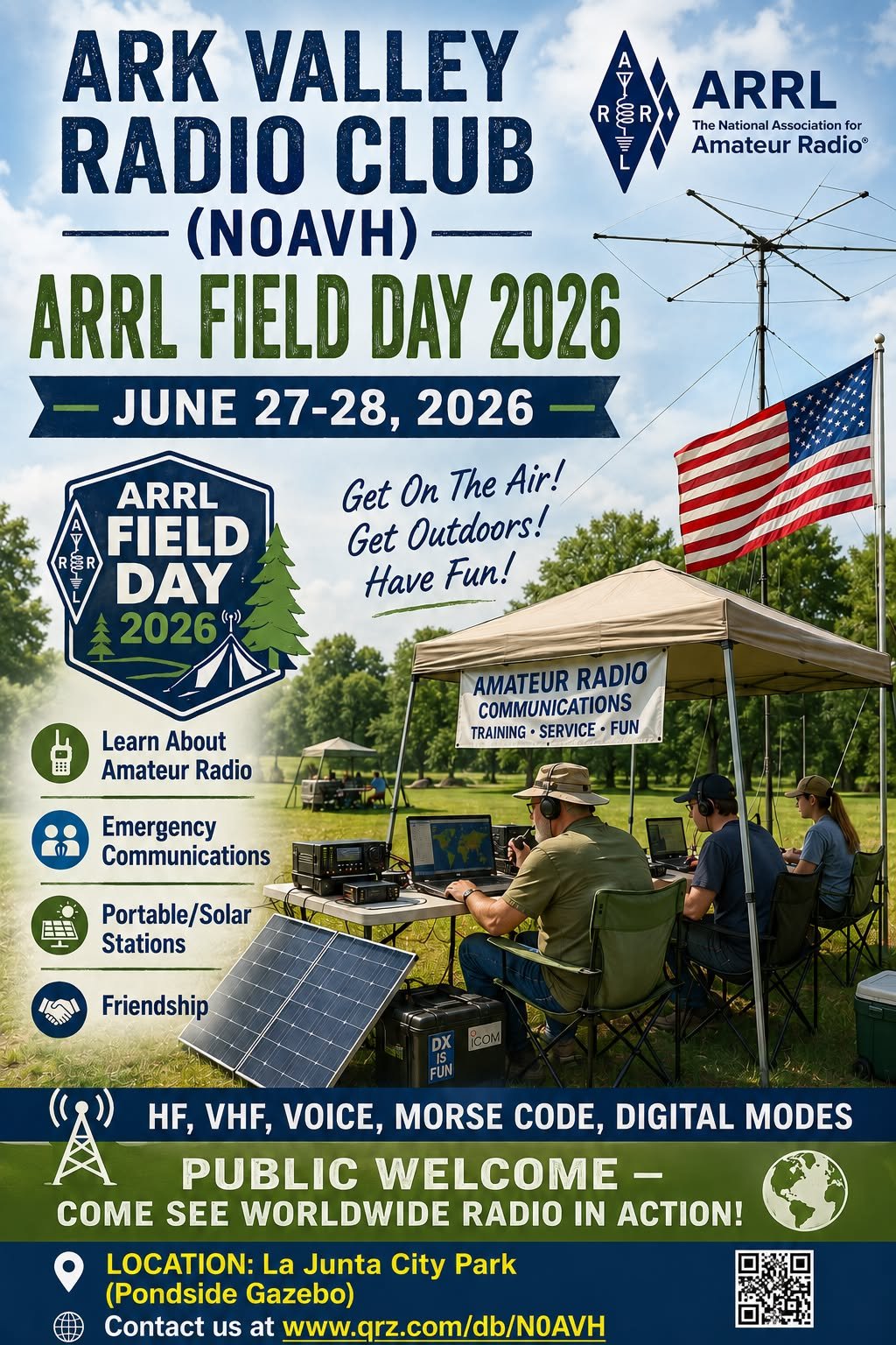 ARRL Field Day 2026 flyer: Ark Valley Radio Club, June 27-28 at La Junta City Park pondside gazebo, public welcome.