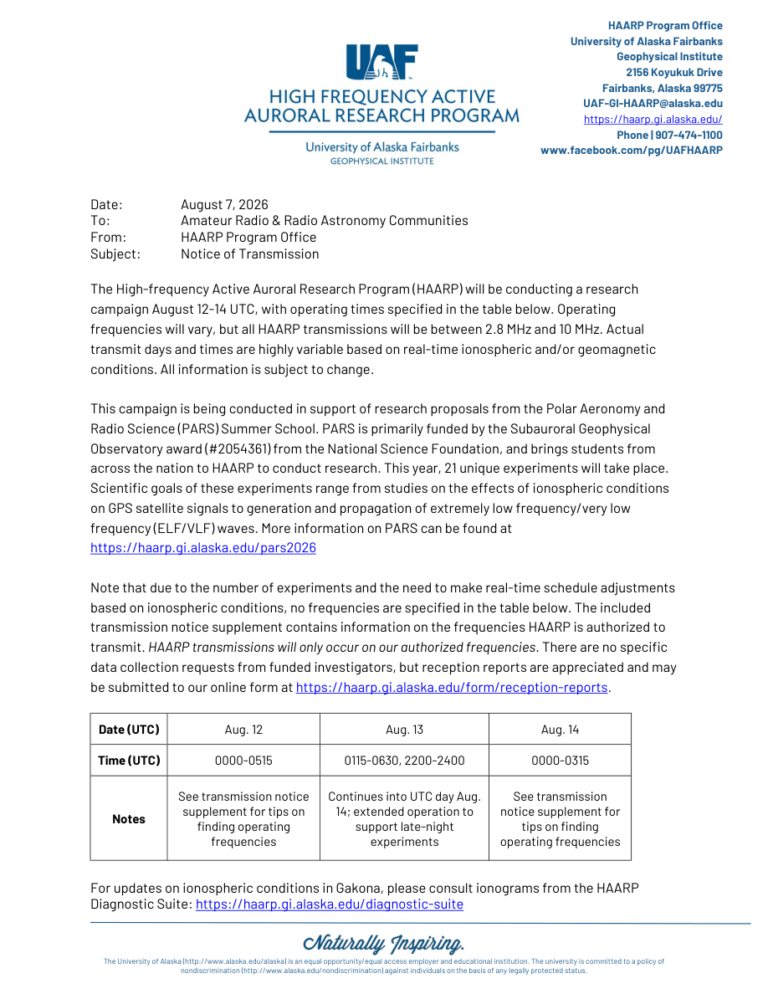 Official HAARP PARS 2026 transmission notice showing August operating windows