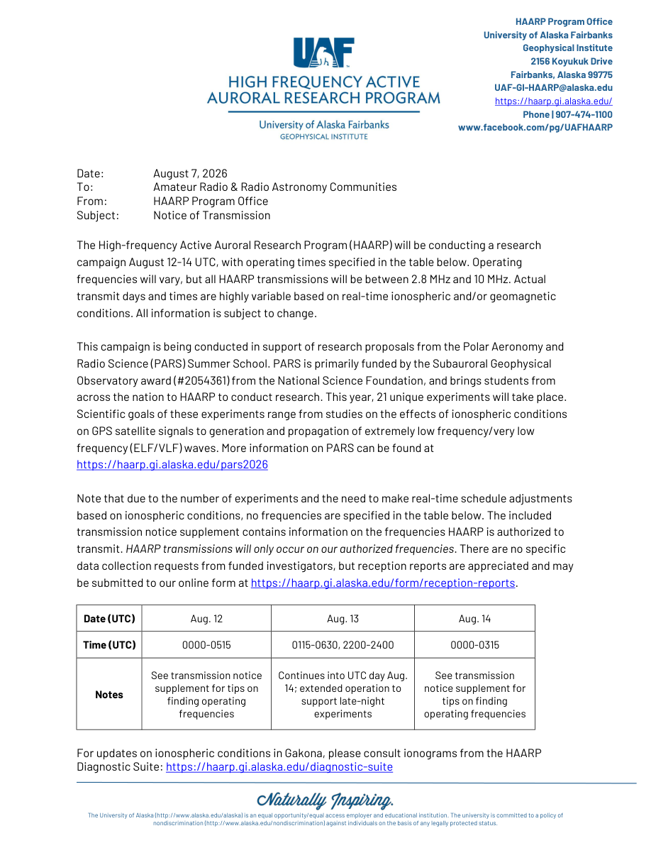 HAARP Announces August PARS 2026 Transmission Windows