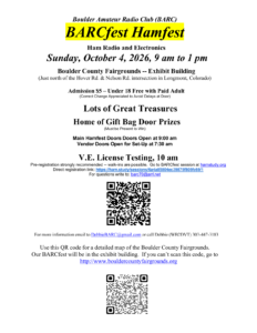 Official 2026 BARCfest flyer for the Boulder Amateur Radio Club hamfest in Longmont, Colorado