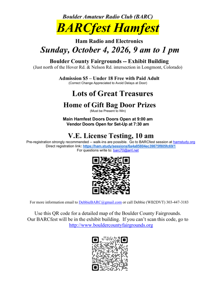 Official 2026 BARCfest flyer for the Boulder Amateur Radio Club hamfest in Longmont, Colorado