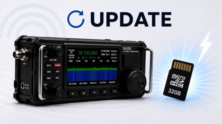 Xiegu X6200 firmware update graphic for version 1.0.8, covering CW keyer and macro fixes
