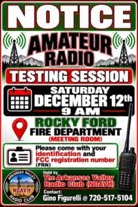Arkansas Valley Radio Club amateur radio testing session flyer for Saturday, December 12 at 9 AM at the Rocky Ford Fire Department meeting room.