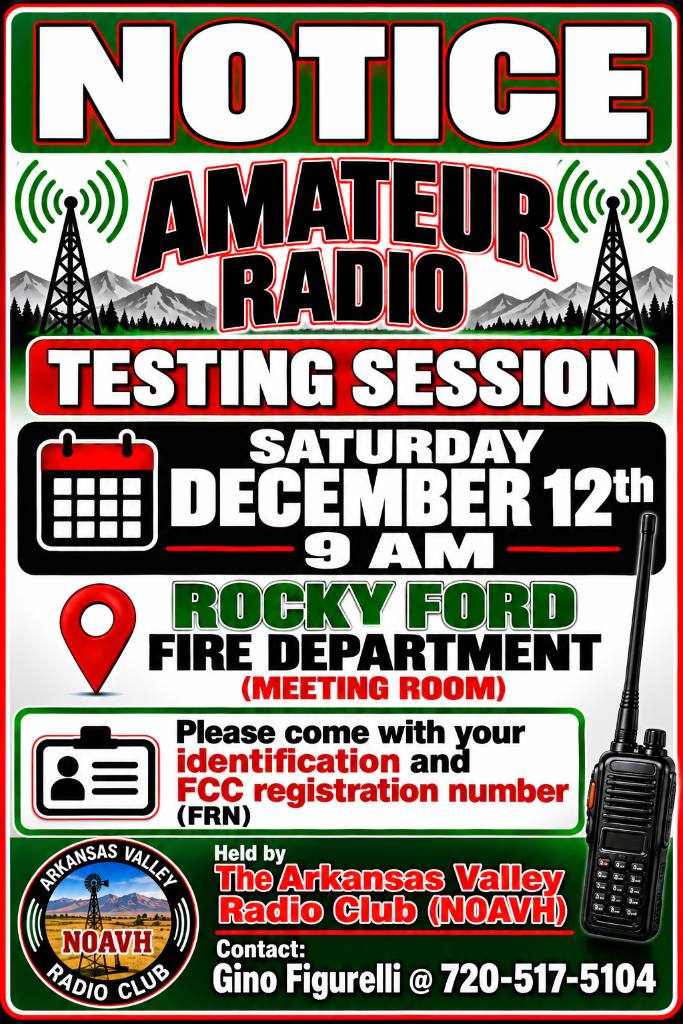 Arkansas Valley Radio Club amateur radio testing session flyer for Saturday, December 12 at 9 AM at the Rocky Ford Fire Department meeting room.